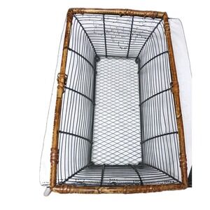 Black Wire Rectangular Basket With Bamboo And Wicker Trim